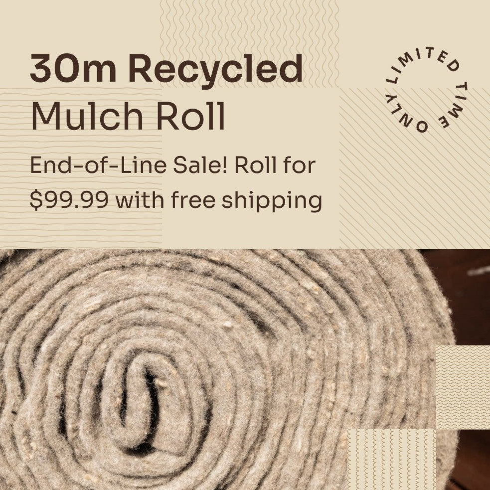 A rolled up piece of biodegradable mulch or weed mat made from recycled wool.