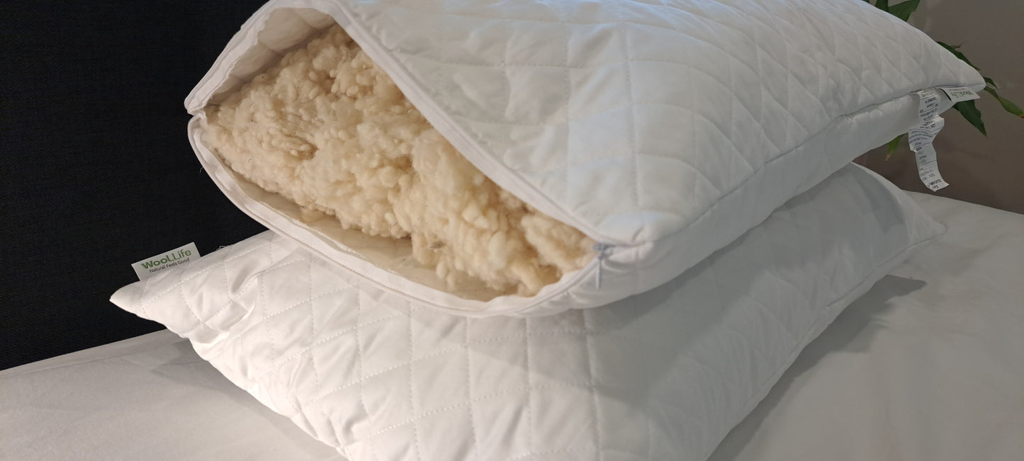Side view of Wool.Life wool pillow showing soft natural fibre texture