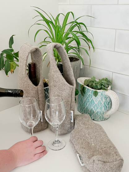Natural grey recycled wool wine carry bag - NZ made sustainable gifting